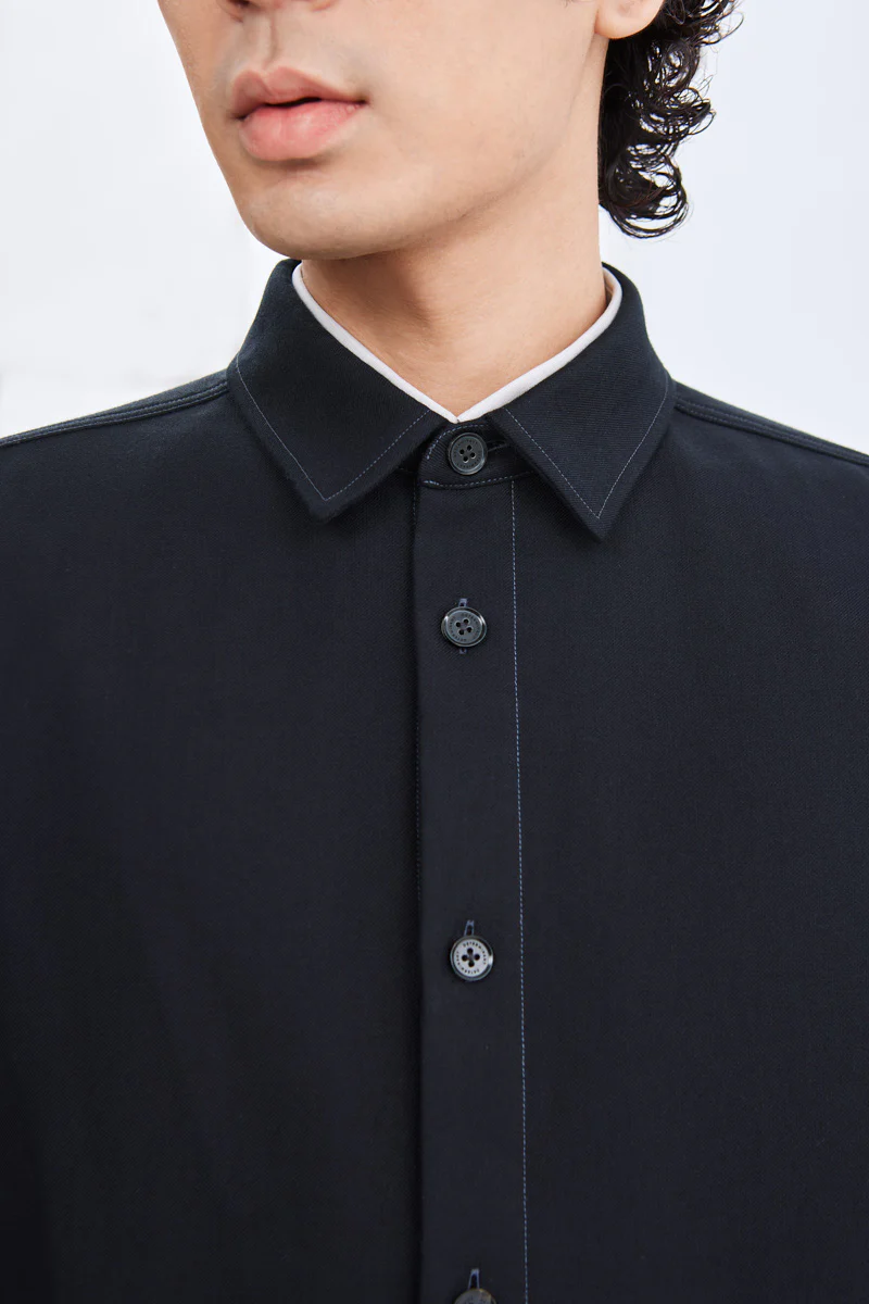 Brushed Contrast Stitch Shirt Jacket | Black BKFD01 - Image 2