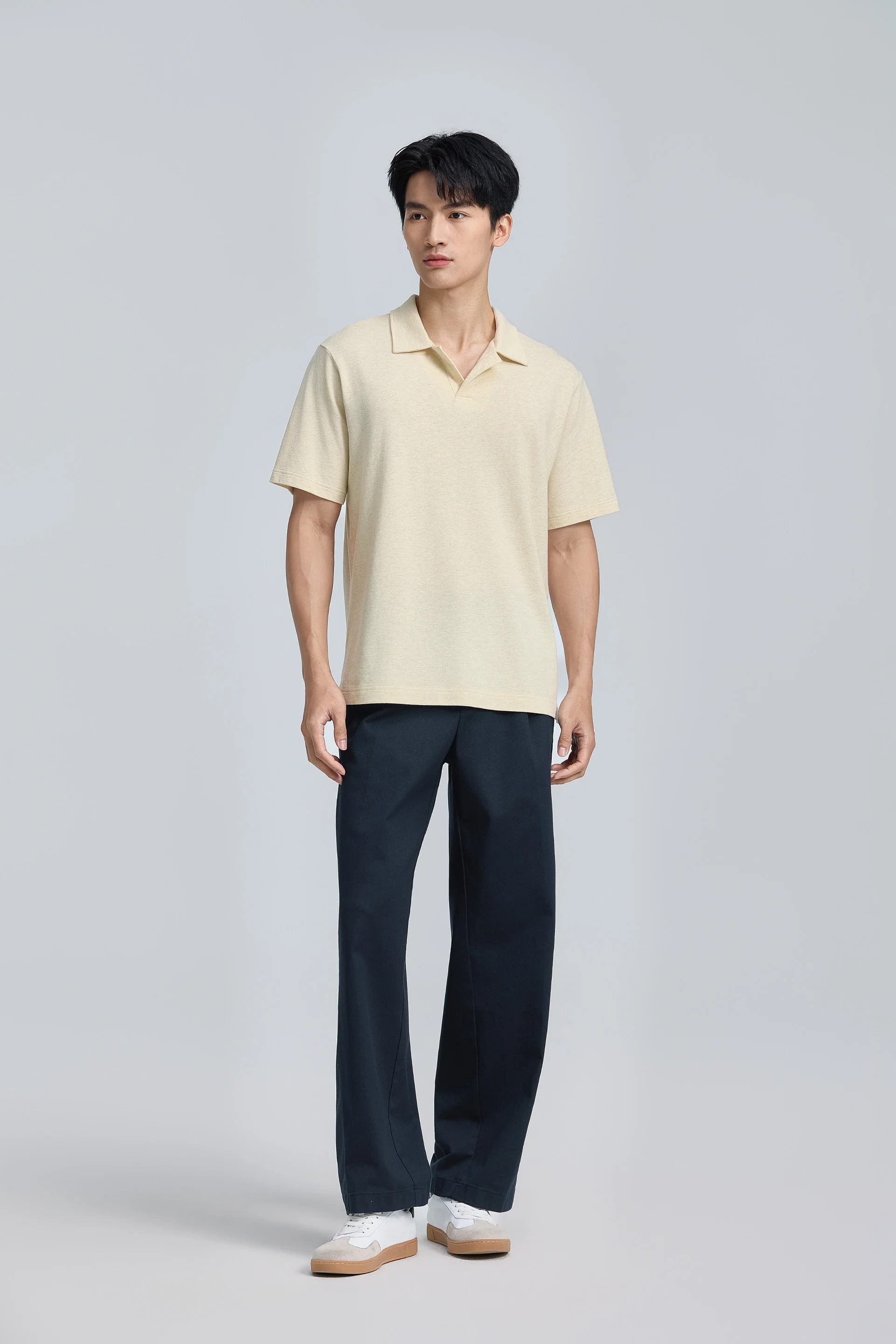 Cotton-Hemp Camp Collar Polo | Heather Light Khaki EQ4025 - Image 5