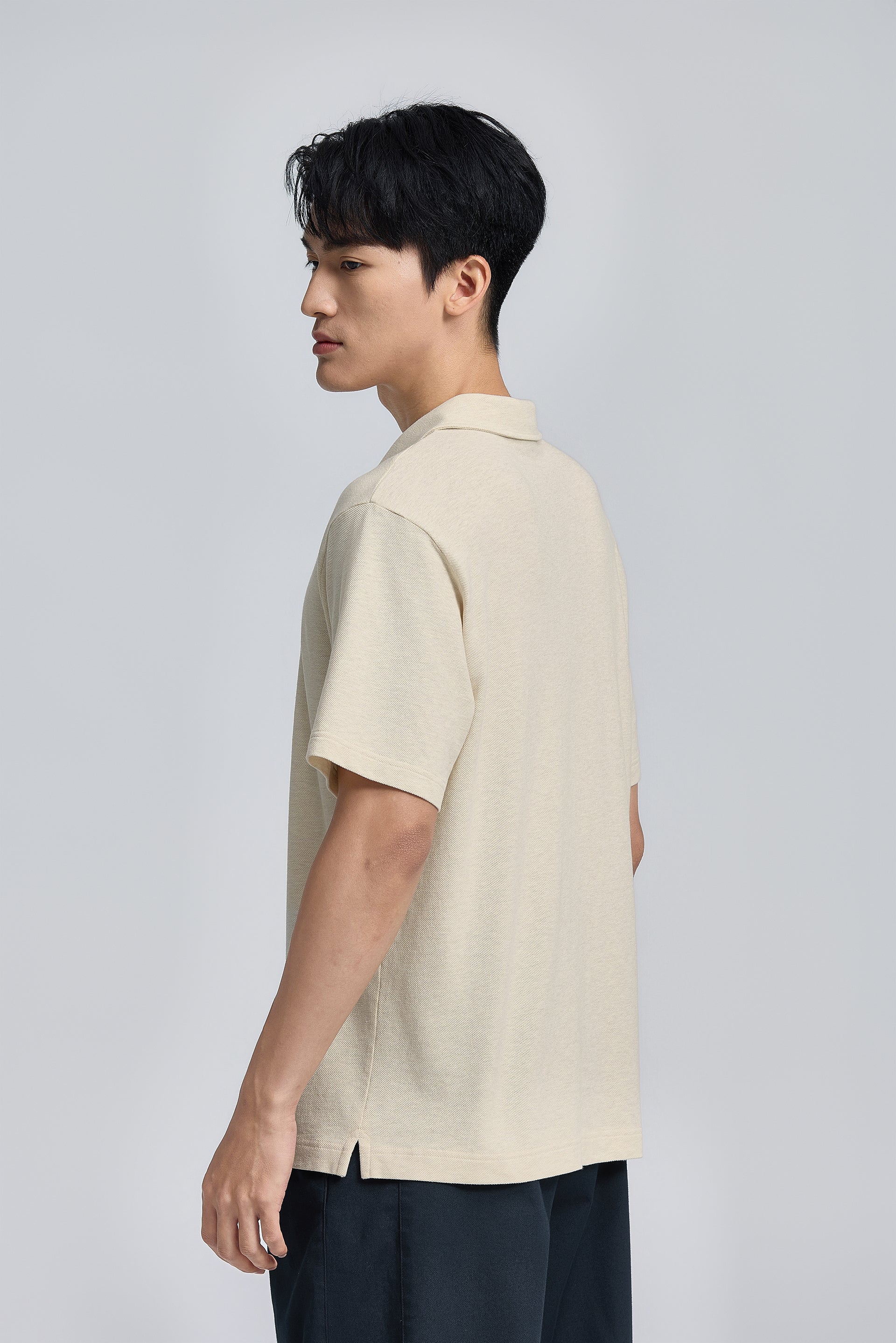 Cotton-Hemp Camp Collar Polo | Heather Light Khaki EQ4025 - Image 6