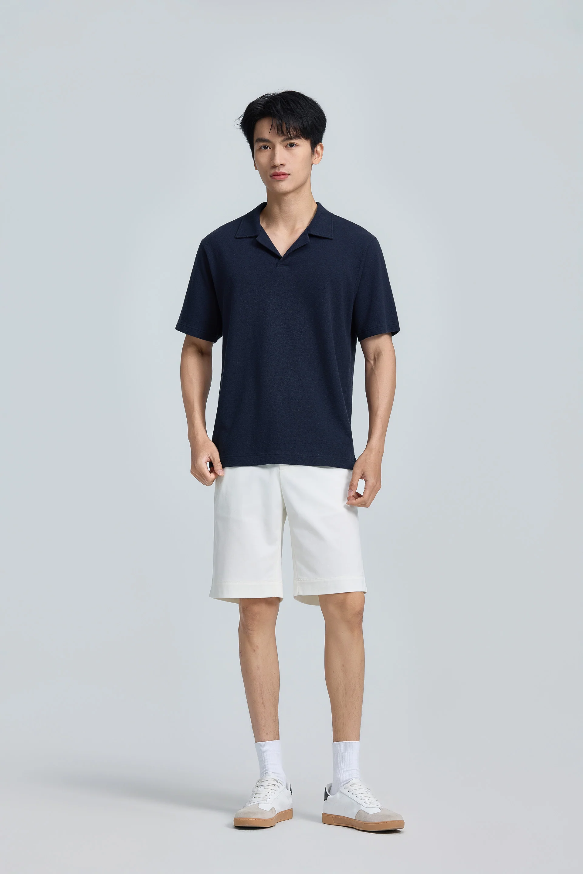 Cotton-Hemp Camp Collar Polo | Navy EB1244 - Image 5