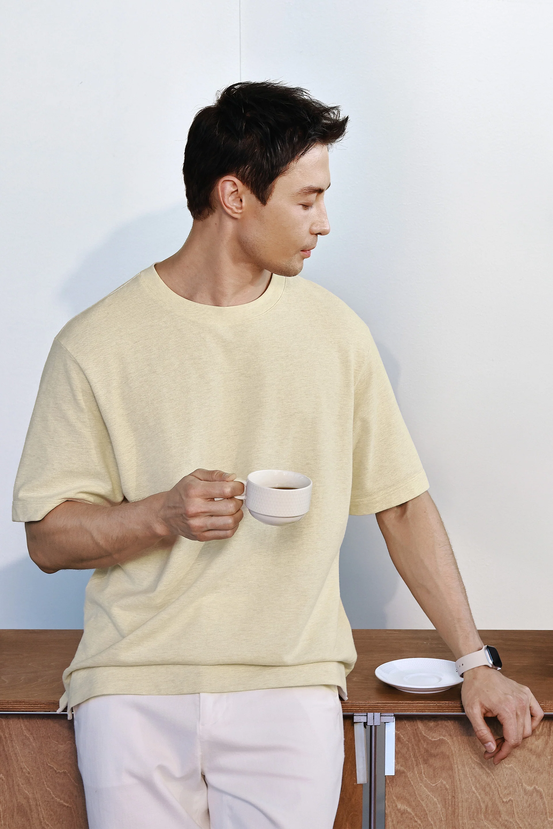 Cotton-Hemp Crew Neck T-Shirt | Heather Light Khaki EQ4025 - Image 4