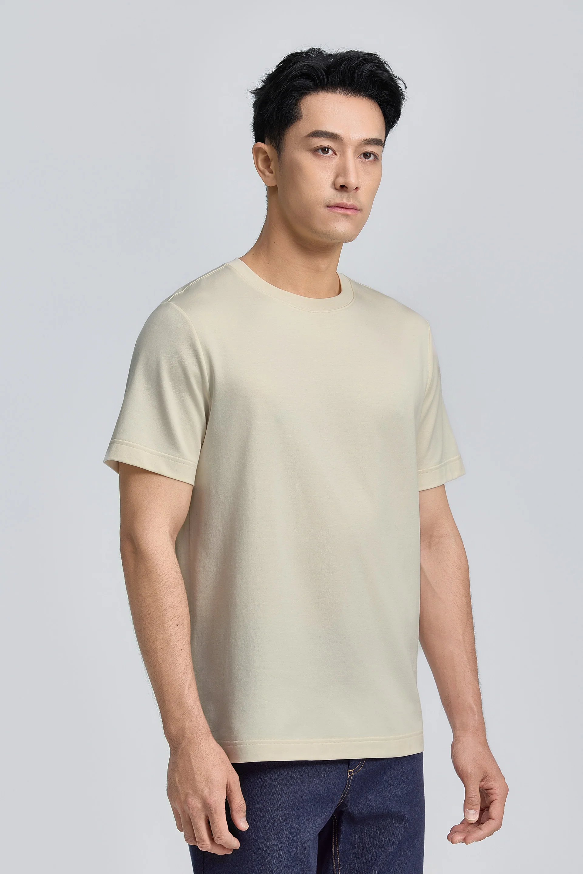 Cotton-Silk Crew Neck Slim Fit T-Shirt | Light Beige WMGR1U