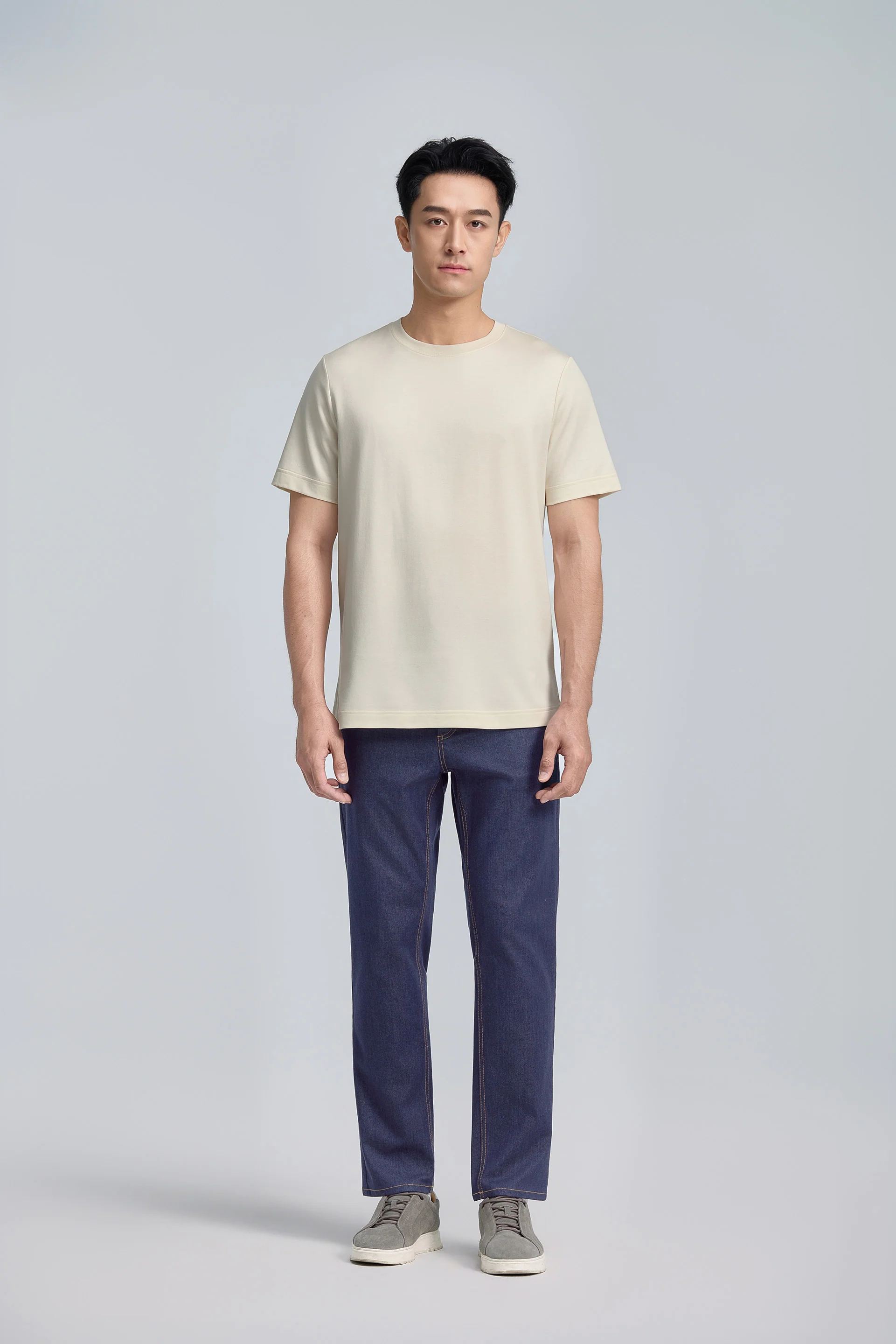 Cotton-Silk Crew Neck Slim Fit T-Shirt | Light Beige WMGR1U - Image 2