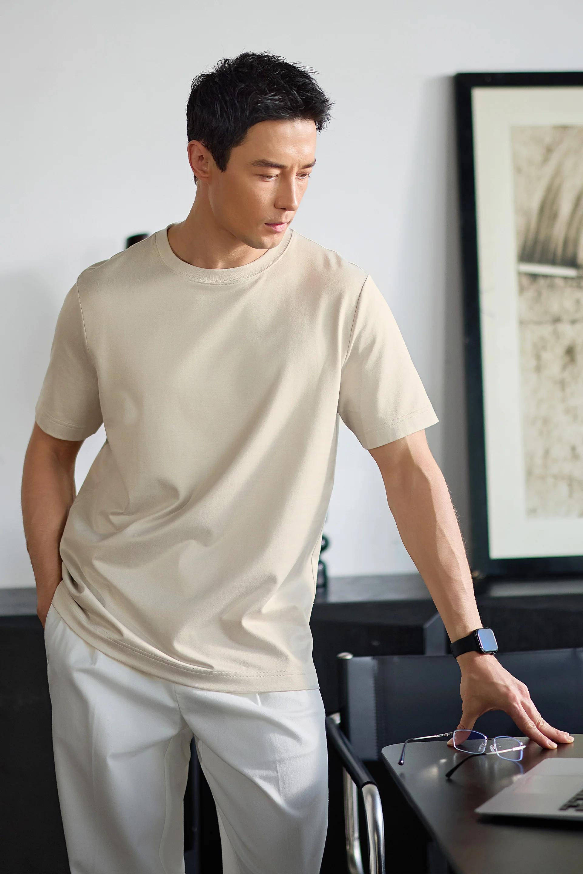 Cotton-Silk Crew Neck Slim Fit T-Shirt | Light Beige WMGR1U - Image 3
