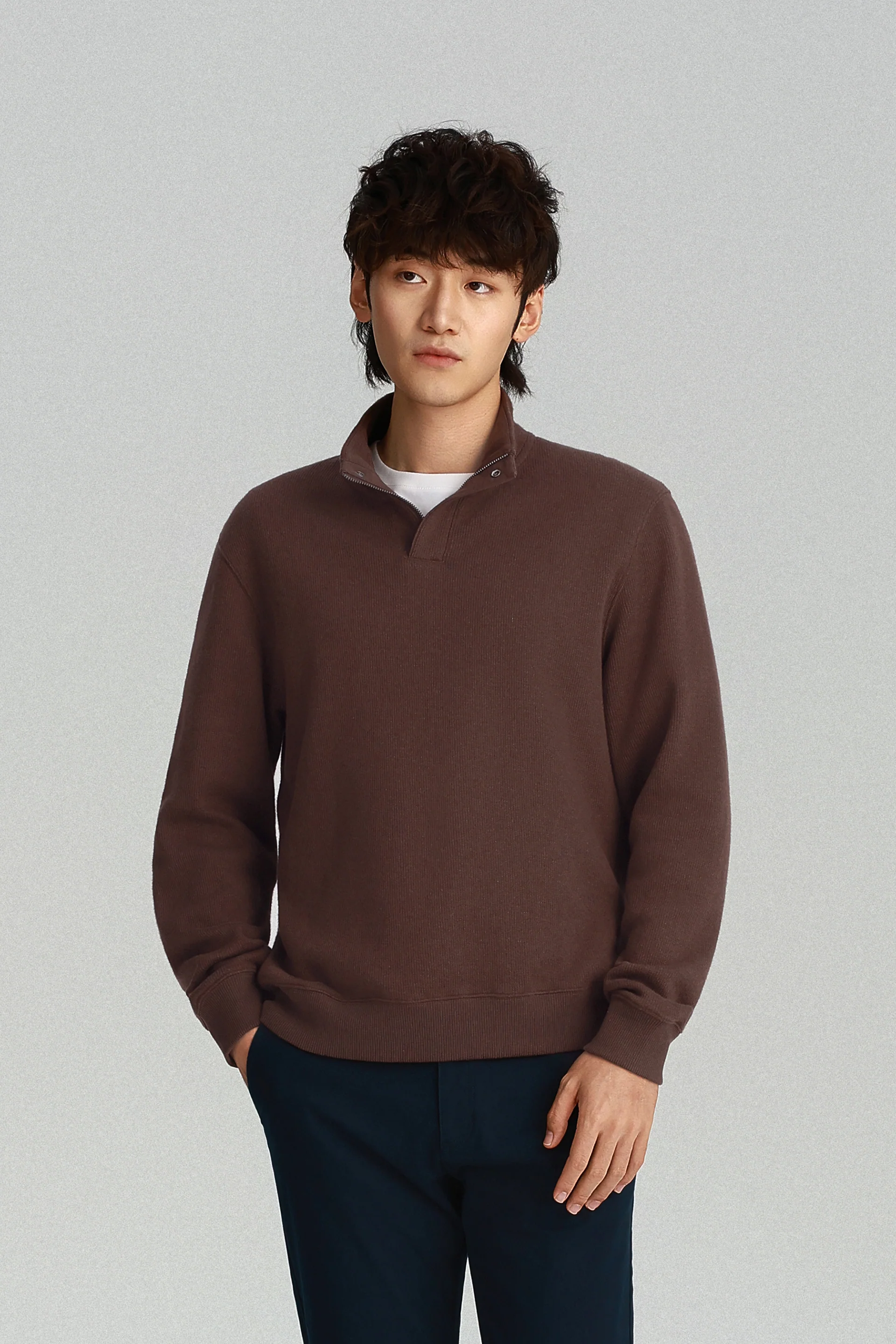 Cotton-Yak Quarter-Zip Ribbed Jacquard Sweater | Deep Brown VE3771