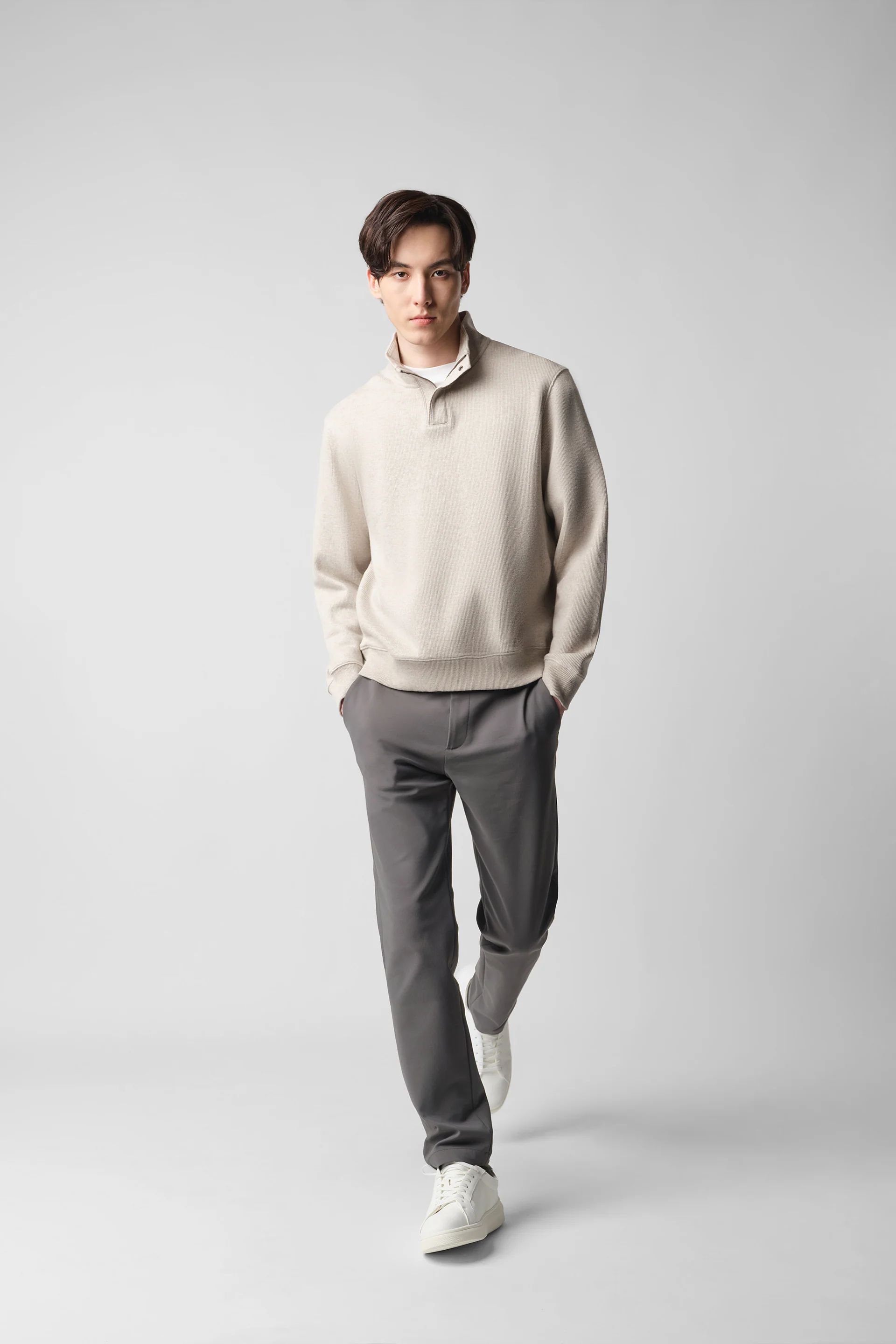 Cotton-Yak Quarter-Zip Ribbed Jacquard Sweater | Light Khaki E4Y189 - Image 6