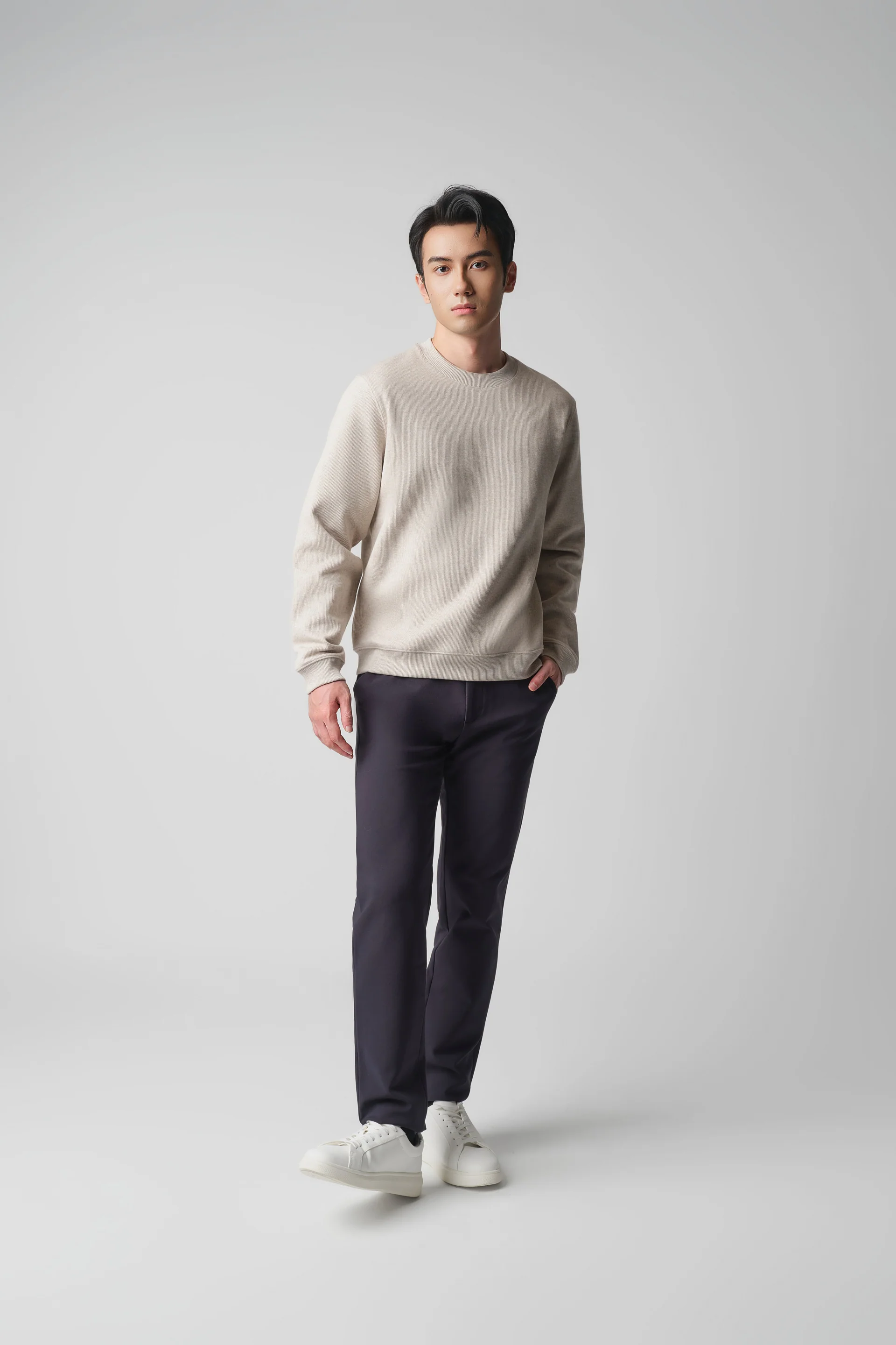 Cotton-Yak Ribbed Jacquard Crew Neck Sweater | Light Khaki E4Y189 - Image 2