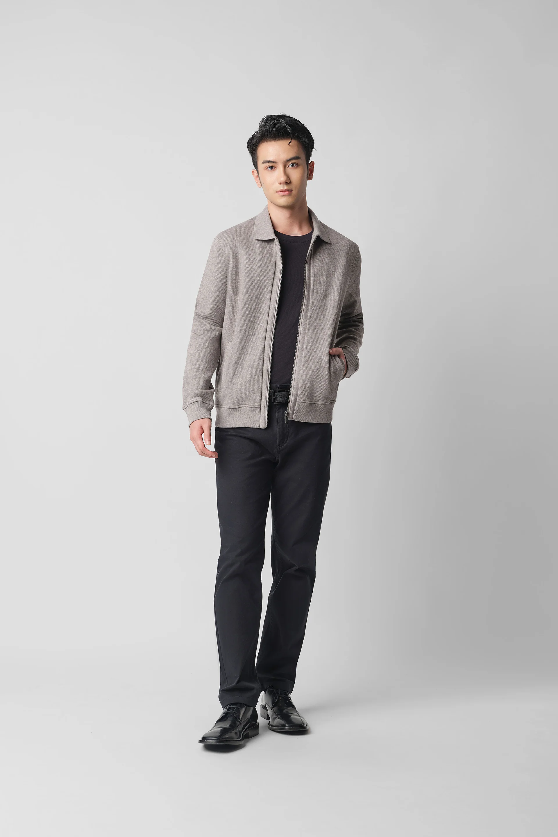 Cotton-Yak Ribbed Jacquard Full-Zip Jacket | Grey VE3874 - Image 7