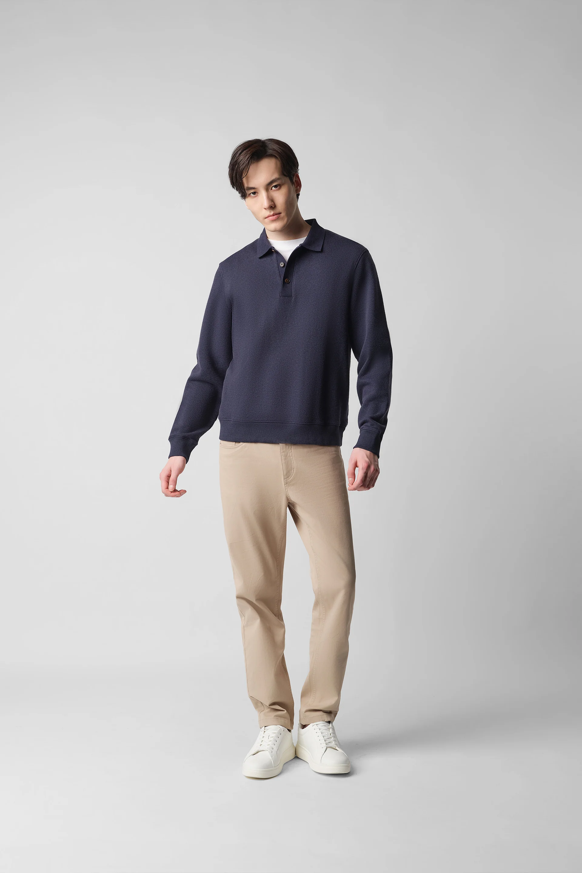 Cotton-Yak Ribbed Jacquard Polo Sweater | Navy EB1244 - Image 6