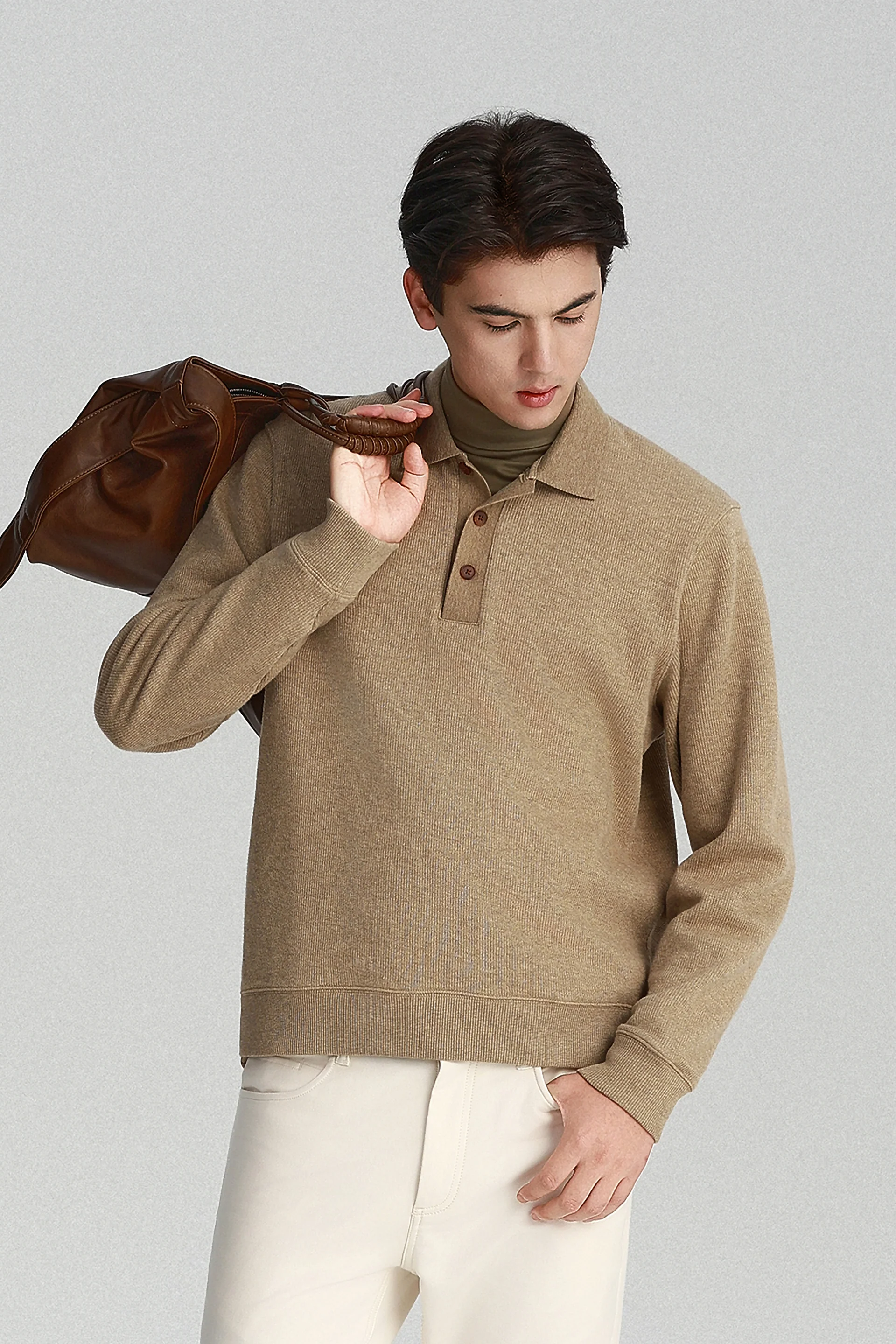 Cotton-Yak Ribbed Jacquard Polo Sweater | Taupe Khaki VE3083