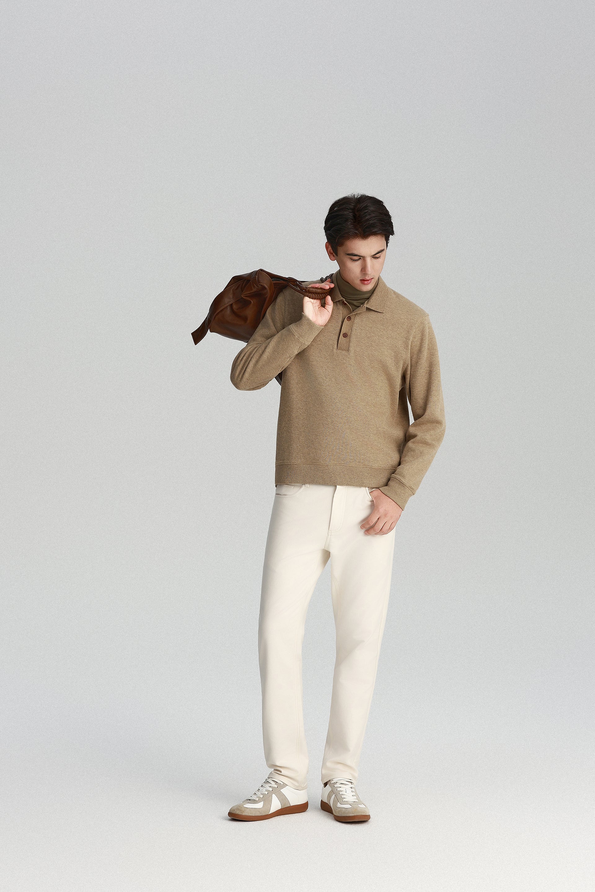 Cotton-Yak Ribbed Jacquard Polo Sweater | Taupe Khaki VE3083 - Image 6