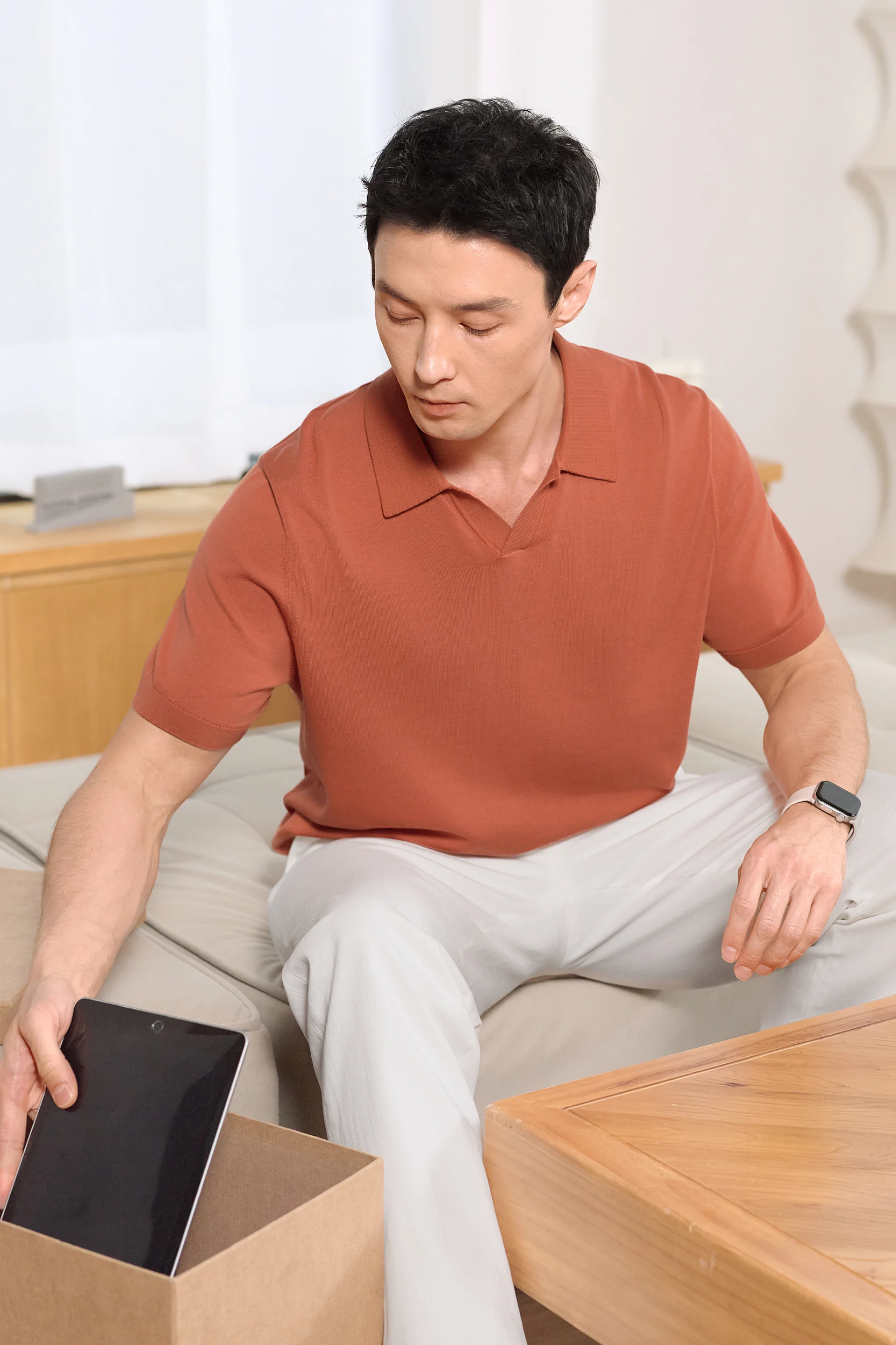 Flat-Knit Buttonless Sweater Polo | Orange Rust PT1447 - Image 3