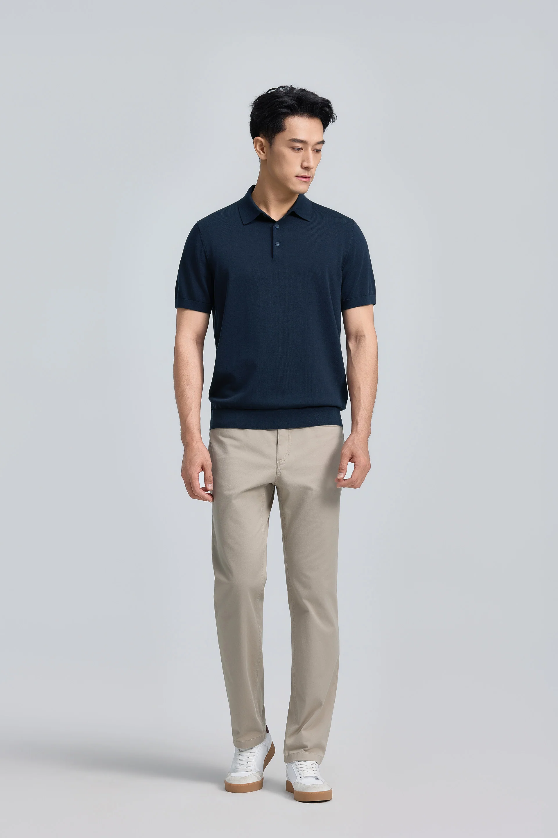 Flat-Knit Three-Button Sweater Polo | Navy 14036N - Image 5