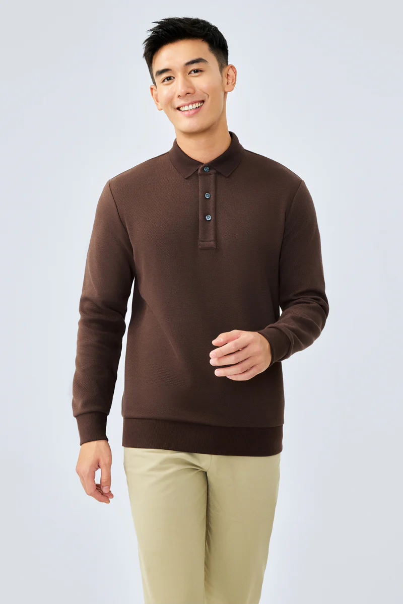 HeatGuard Jacquard Long Sleeve Polo | Brown BRE054 - Image 3