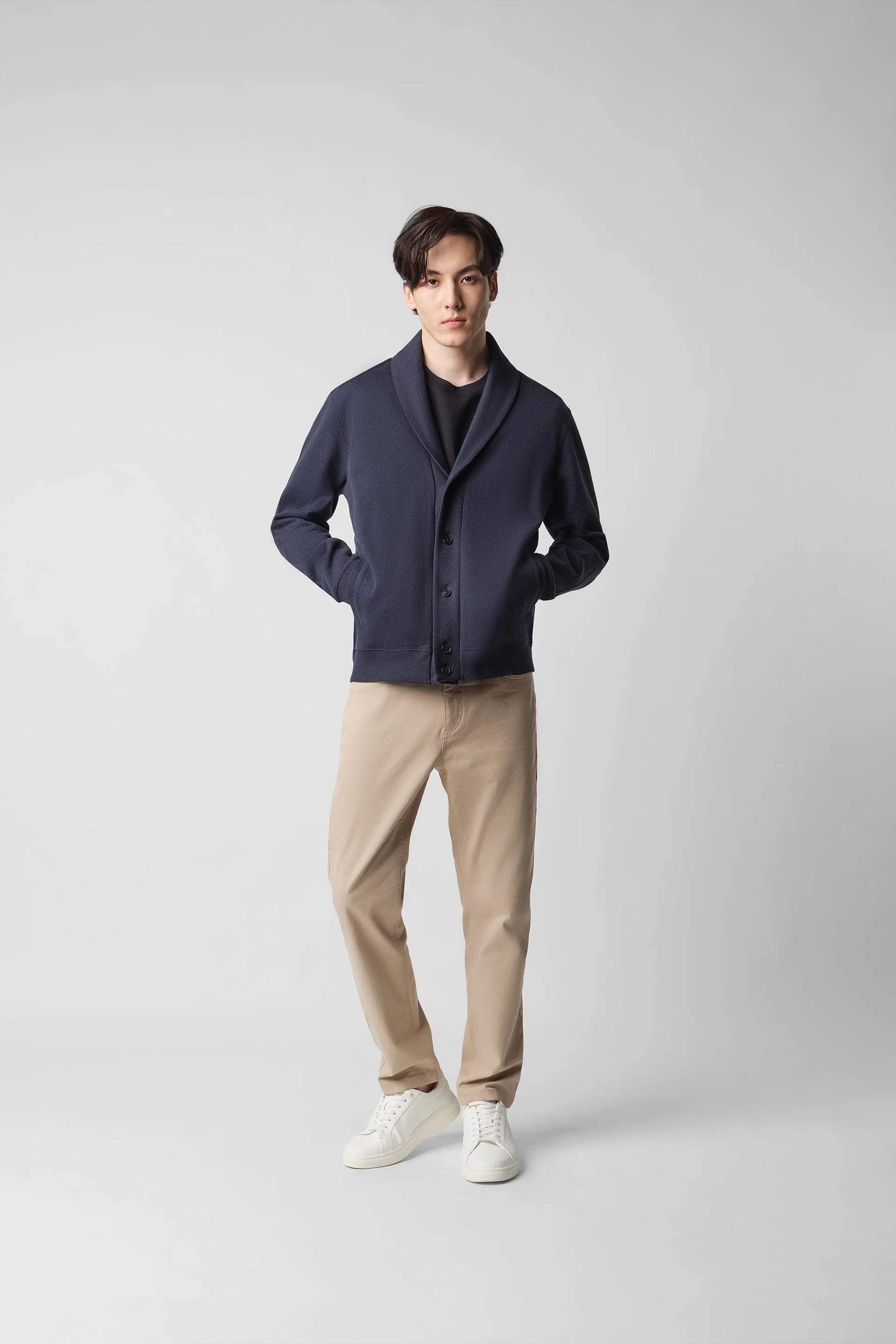 Merino-Blend French Rib Shawl Collar Cardigan | Navy EB1244 - Image 7