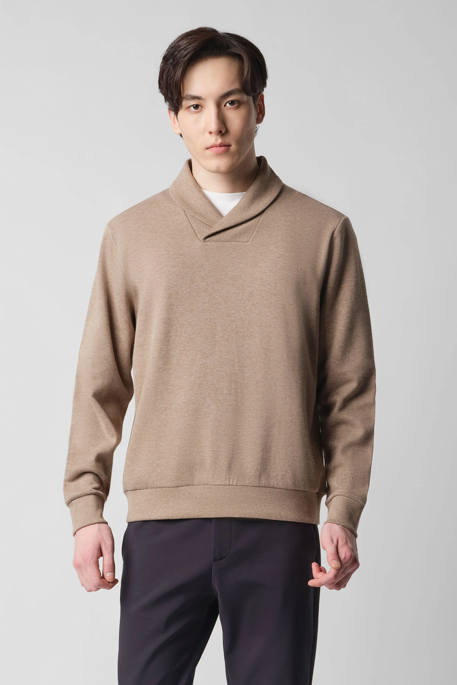 Merino-Blend French Rib Shawl Collar Sweater | Khaki E7W025
