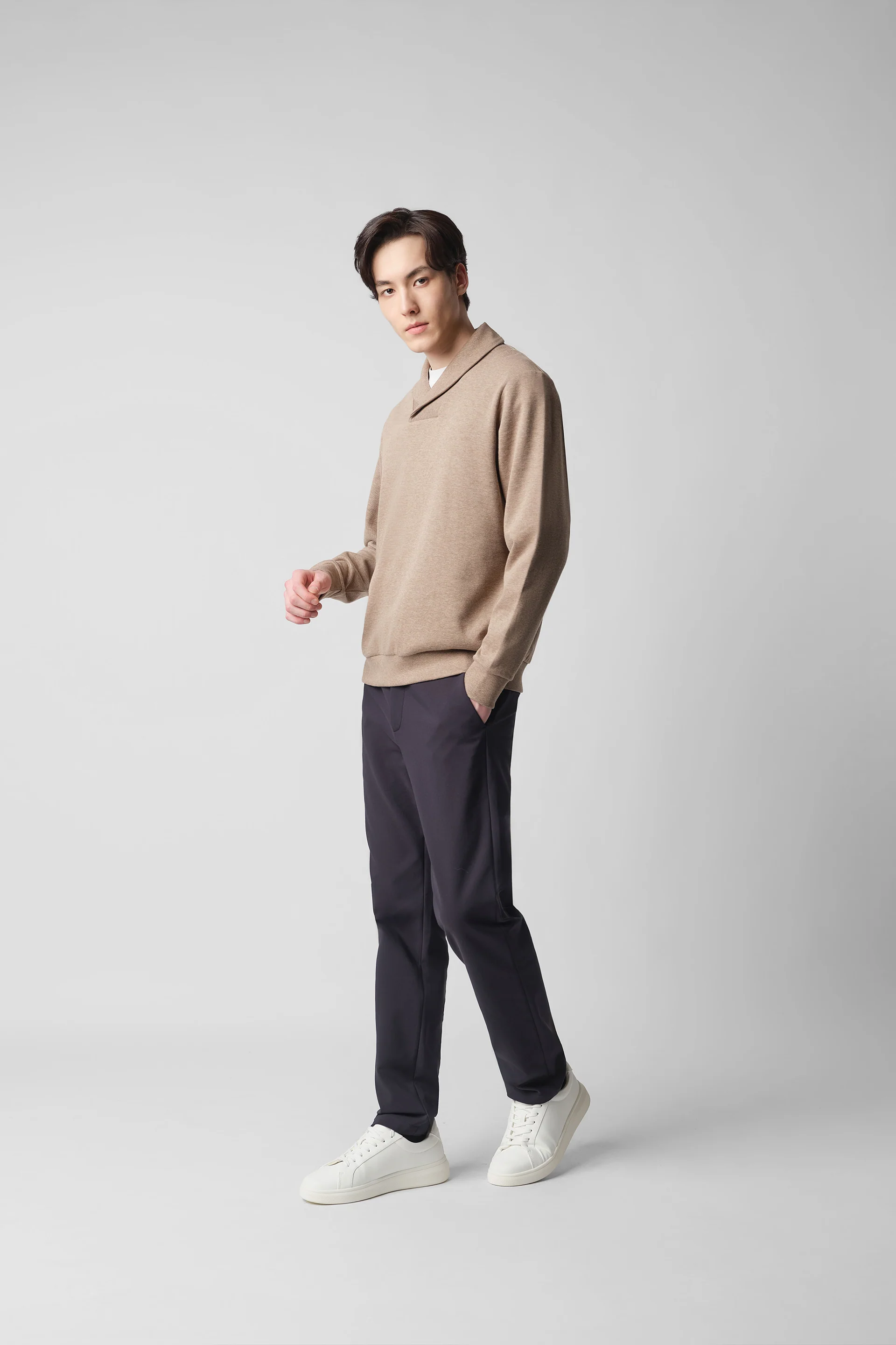 Merino-Blend French Rib Shawl Collar Sweater | Khaki E7W025 - Image 6