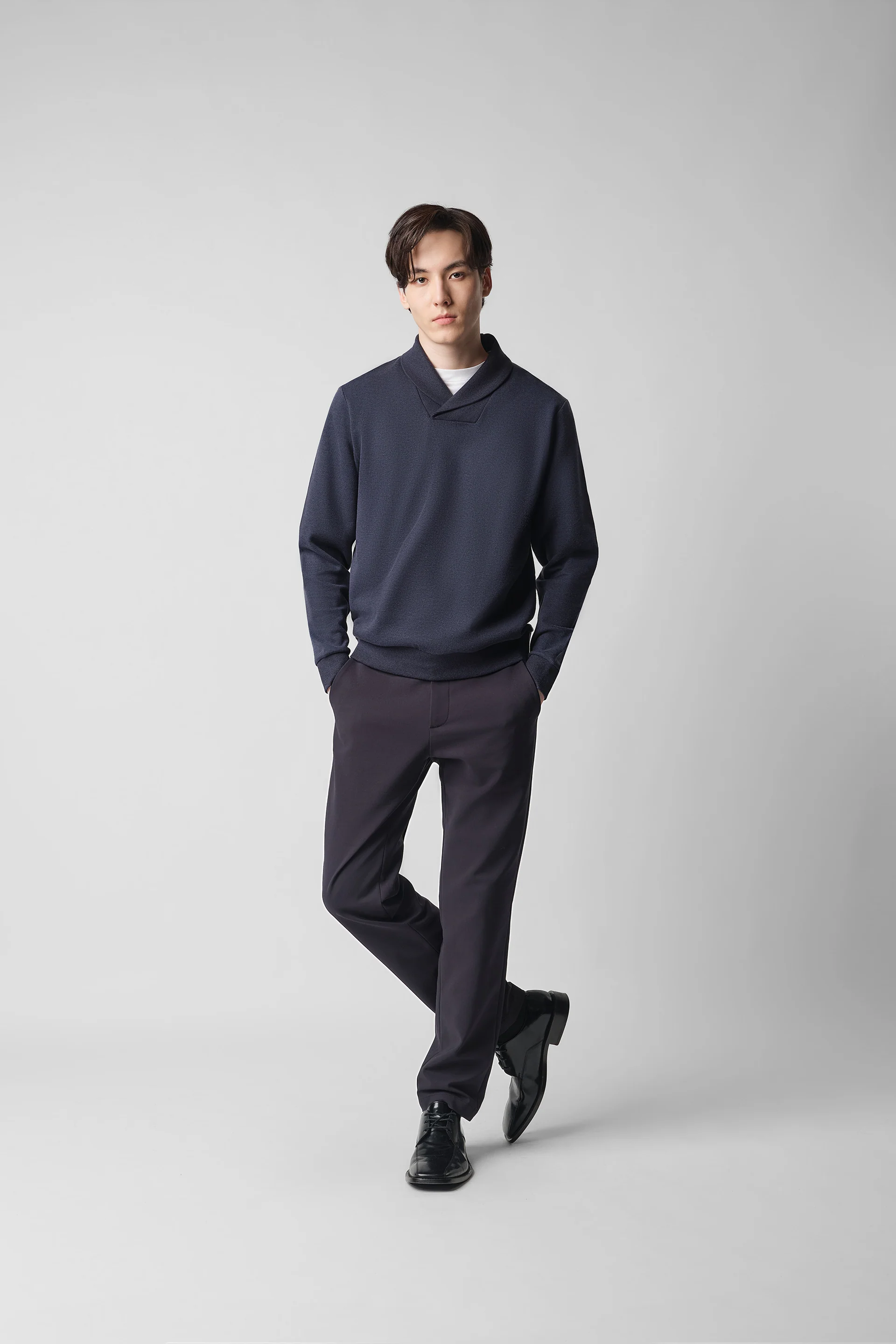 Merino-Blend French Rib Shawl Collar Sweater | Navy EB1244 - Image 6