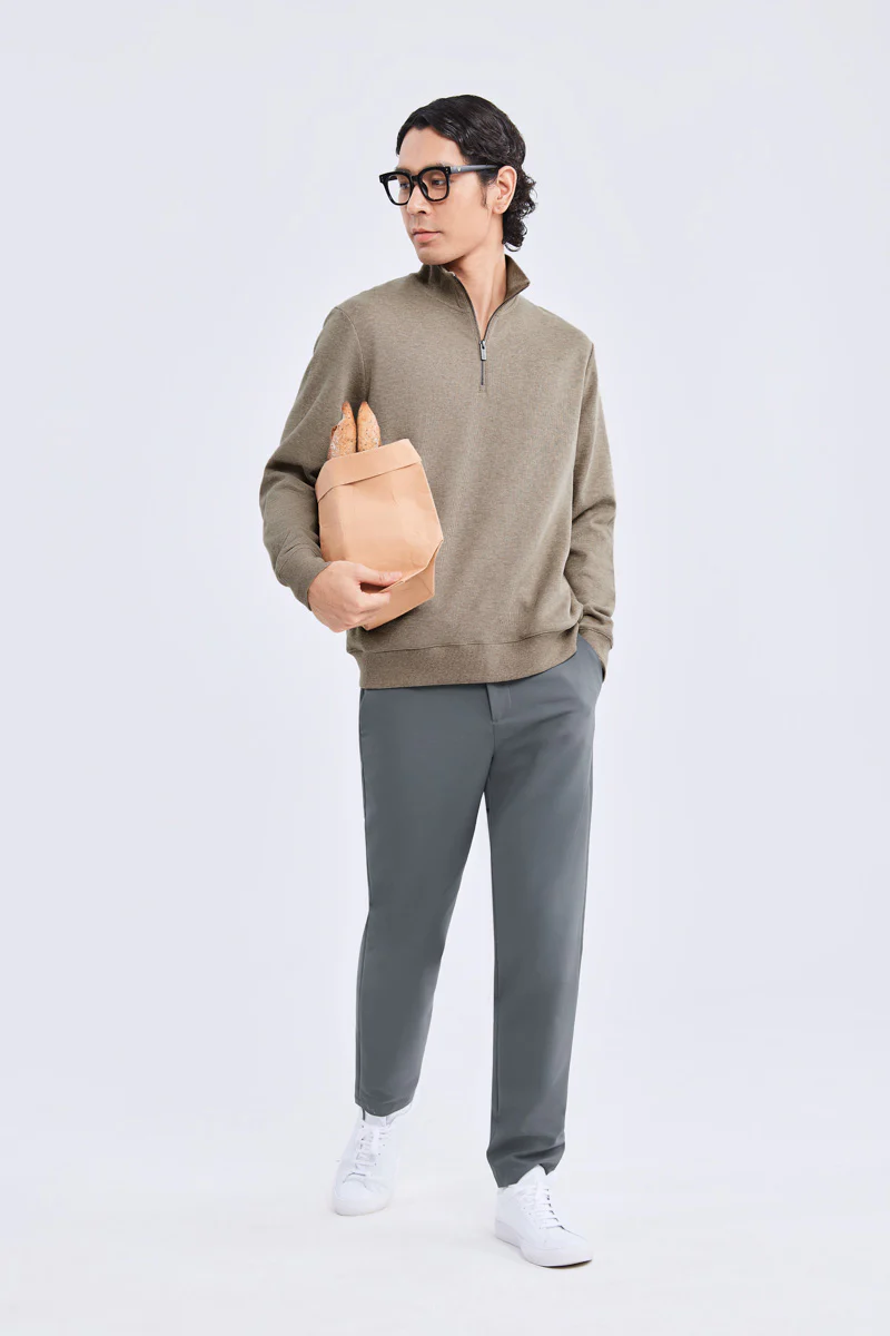 Merino-Blend Half Zip French Rib Sweater | Khaki E7W025 - Image 11