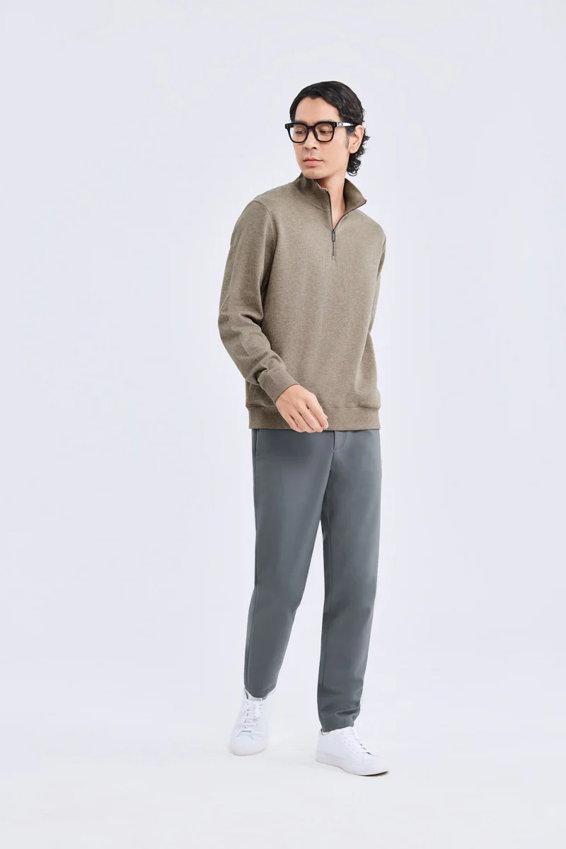 Merino-Blend Half Zip French Rib Sweater | Khaki E7W025 - Image 12