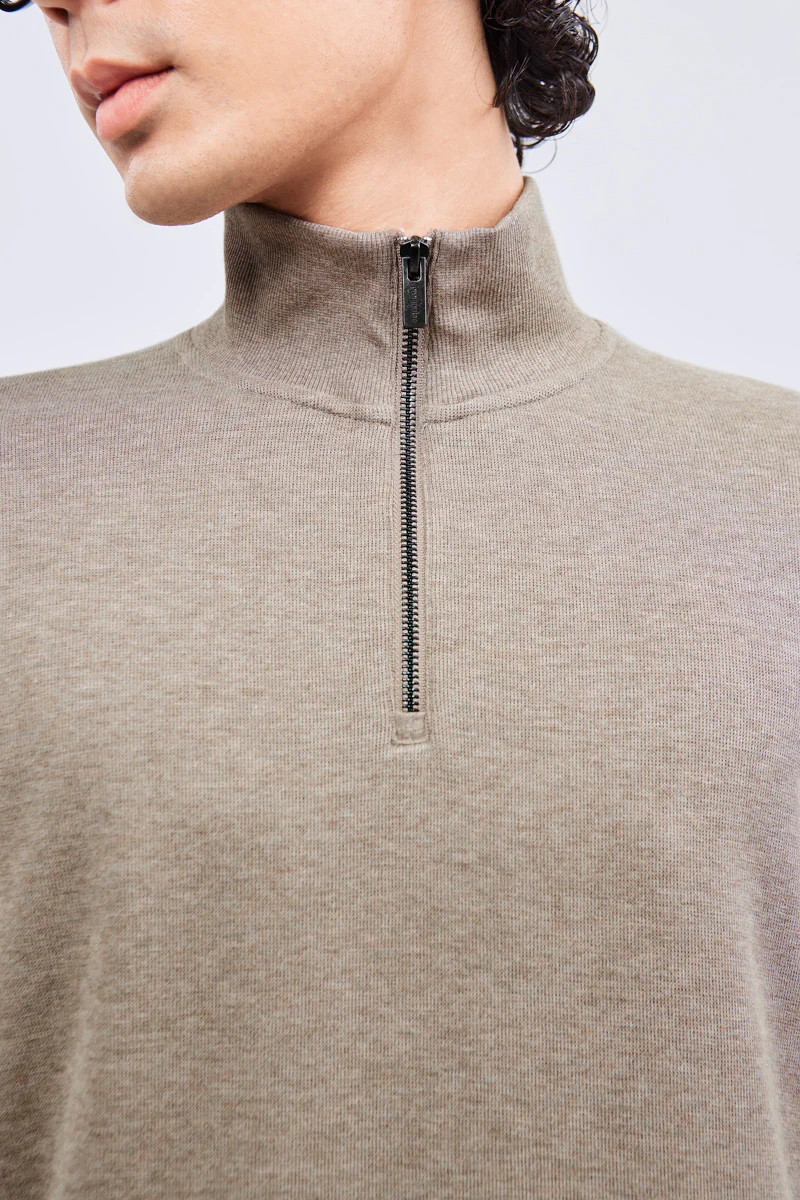 Merino-Blend Half Zip French Rib Sweater | Khaki E7W025 - Image 4
