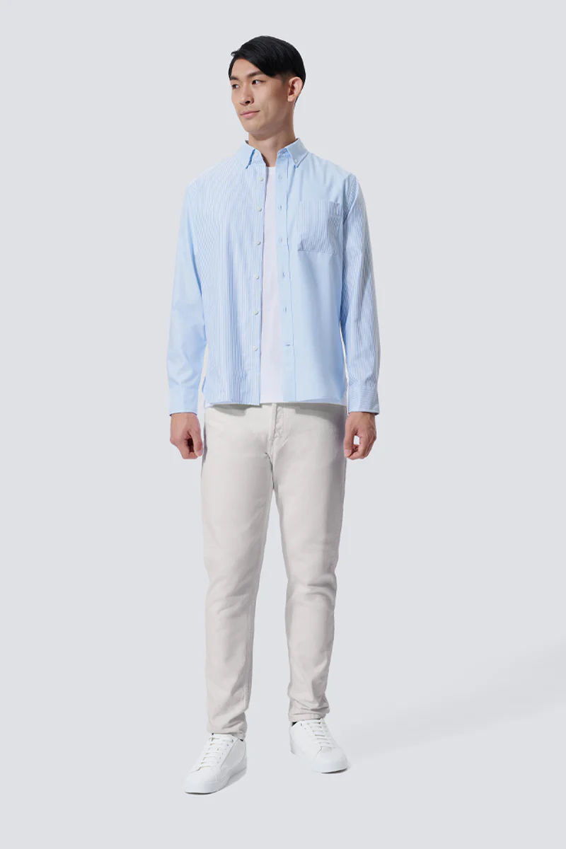 Oxford Button-Down Color Blocked Casual Shirt | Light Blue / Light Blue Stripes 37820N - Image 4