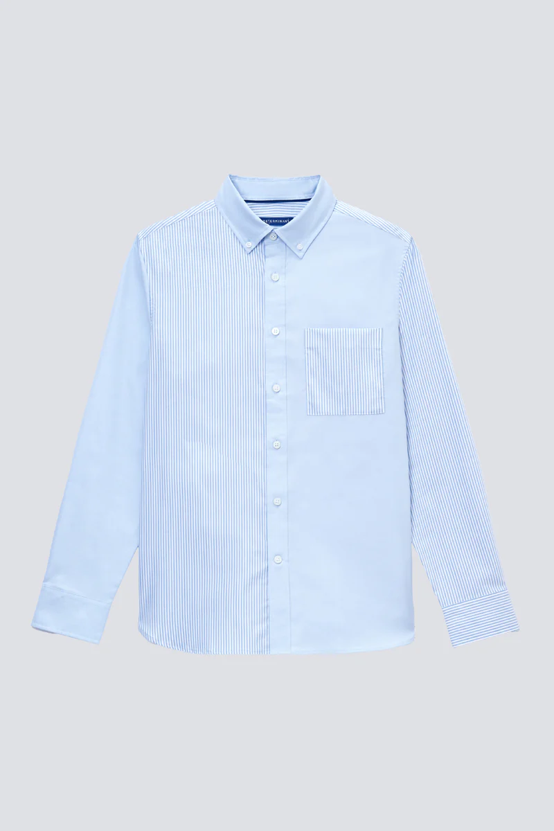 Oxford Button-Down Color Blocked Casual Shirt | Light Blue / Light Blue Stripes 37820N - Image 7