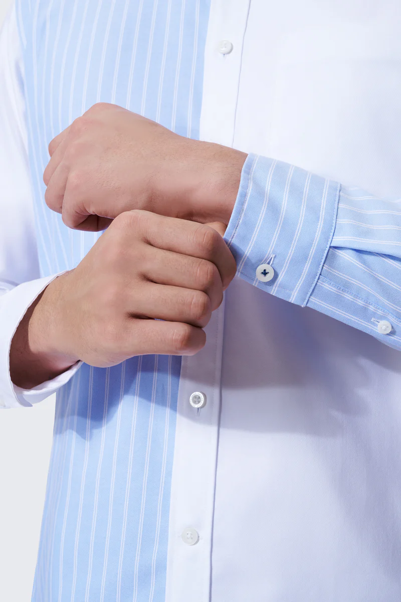 Oxford Button-Down Color Blocked Casual Shirt | White / Blue Stripes 81806N - Image 3