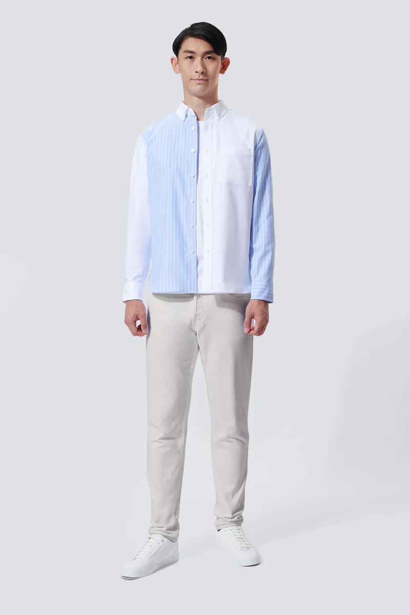 Oxford Button-Down Color Blocked Casual Shirt | White / Blue Stripes 81806N - Image 4