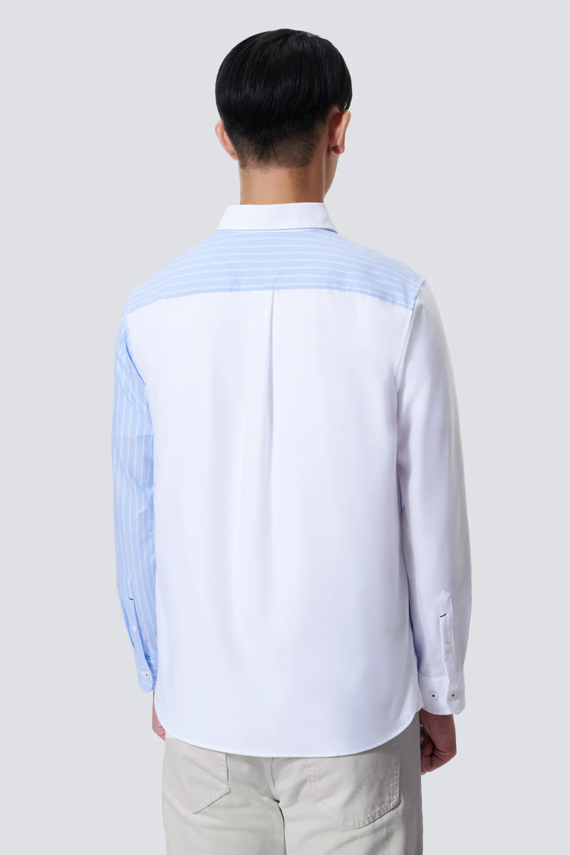 Oxford Button-Down Color Blocked Casual Shirt | White / Blue Stripes 81806N - Image 5