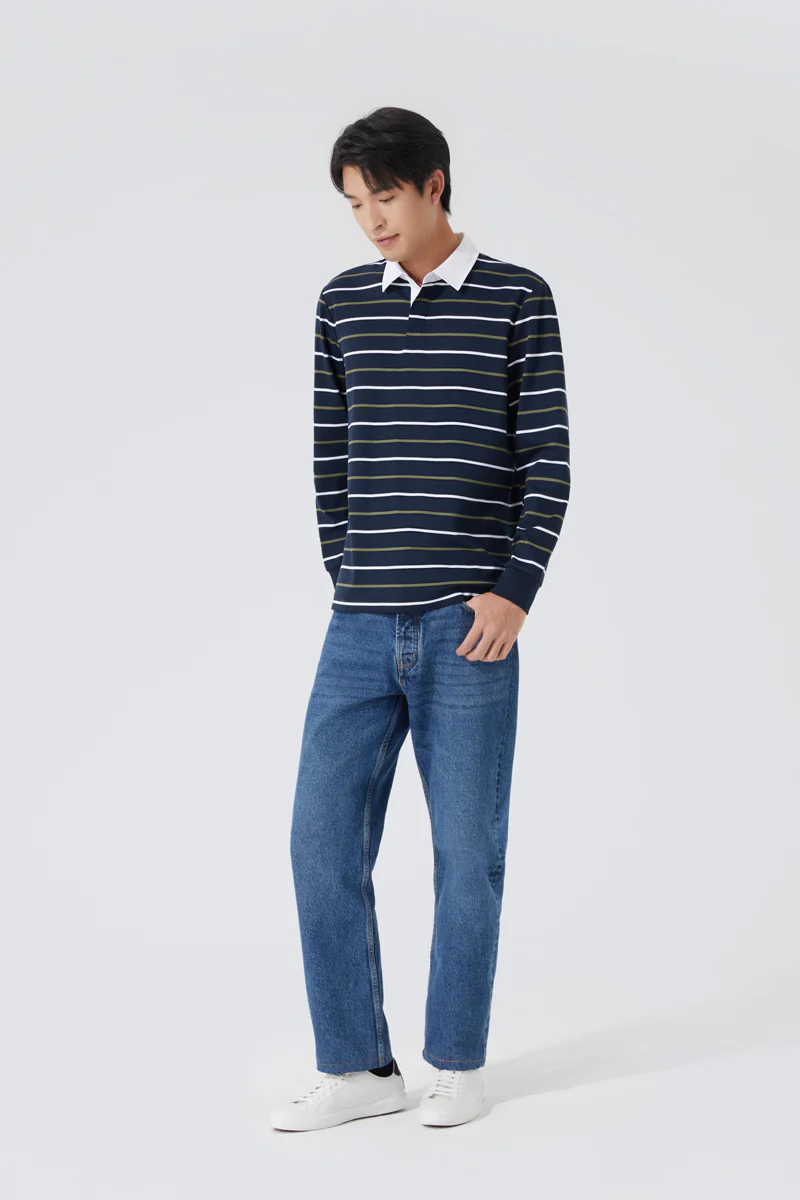Regal Interlock Long Sleeve Rugby Shirt | Navy Multi-Stripes P05Z02 - Image 3