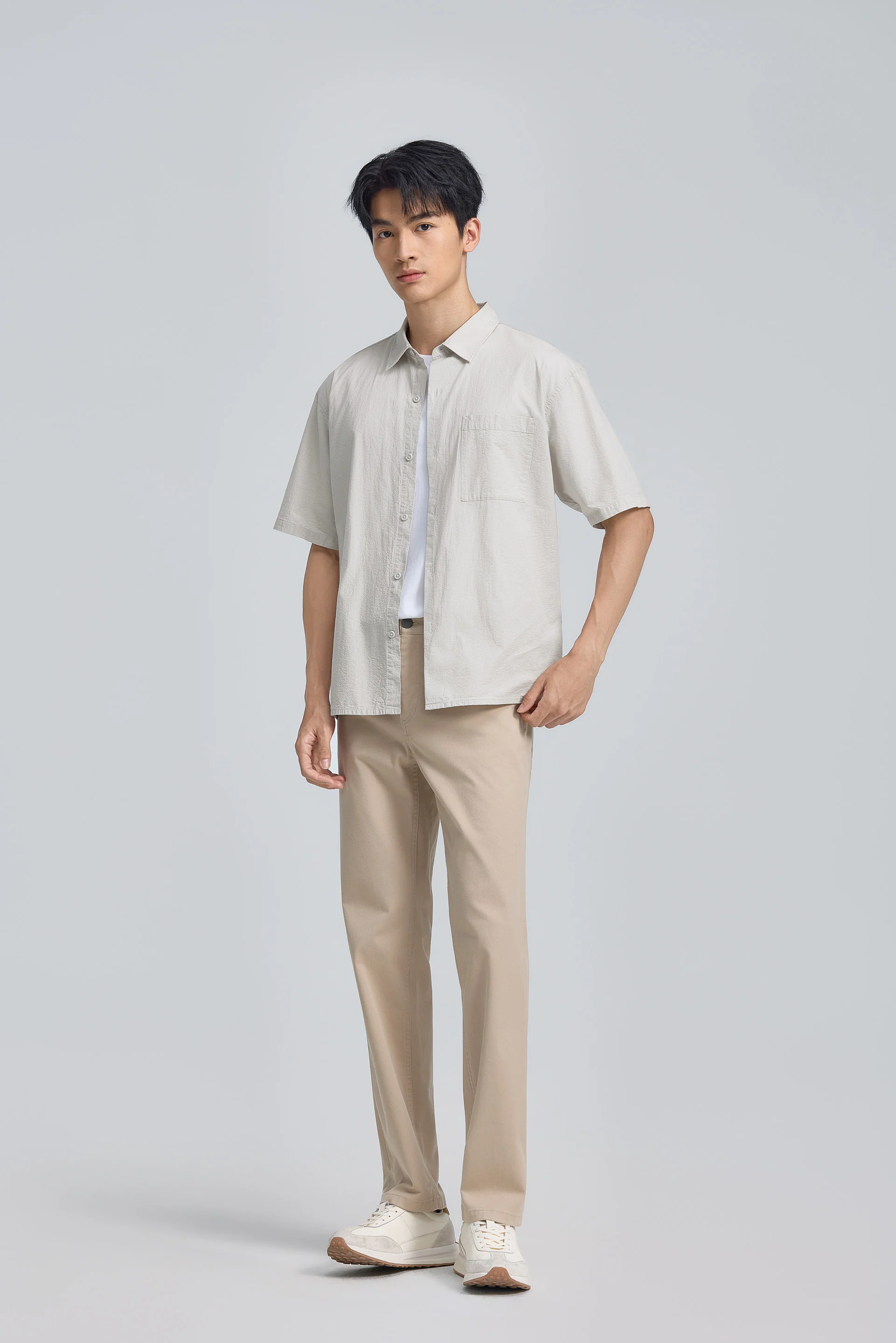 Seersucker Short Sleeve Casual Shirt | Light Taupe 25648N - Image 4