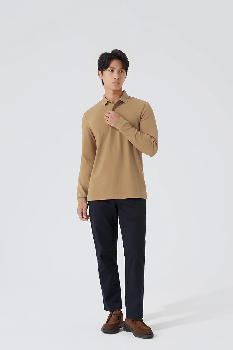 VISDRY™ Pique Long Sleeve Polo | Khaki KE0178 - Image 3
