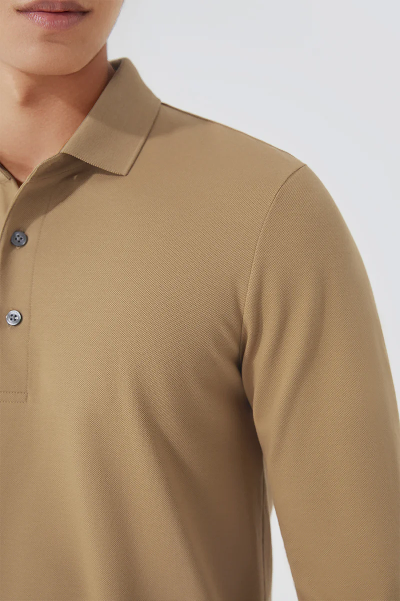 VISDRY™ Pique Long Sleeve Polo | Khaki KE0178 - Image 4
