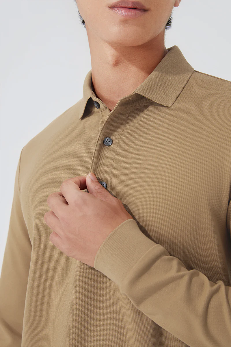VISDRY™ Pique Long Sleeve Polo | Khaki KE0178 - Image 5