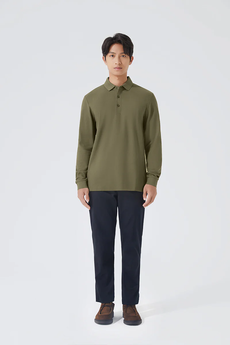 VISDRYâ„¢ Pique Long Sleeve Polo | Olive GNE474 - Image 3