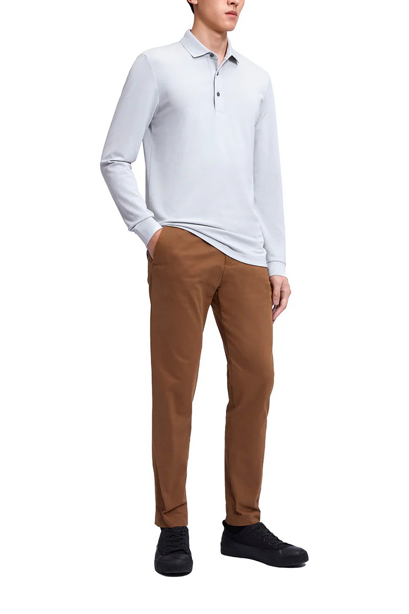 VISDRY™ Pique Long Sleeve Polo | Light Grey GYE008 - Image 2