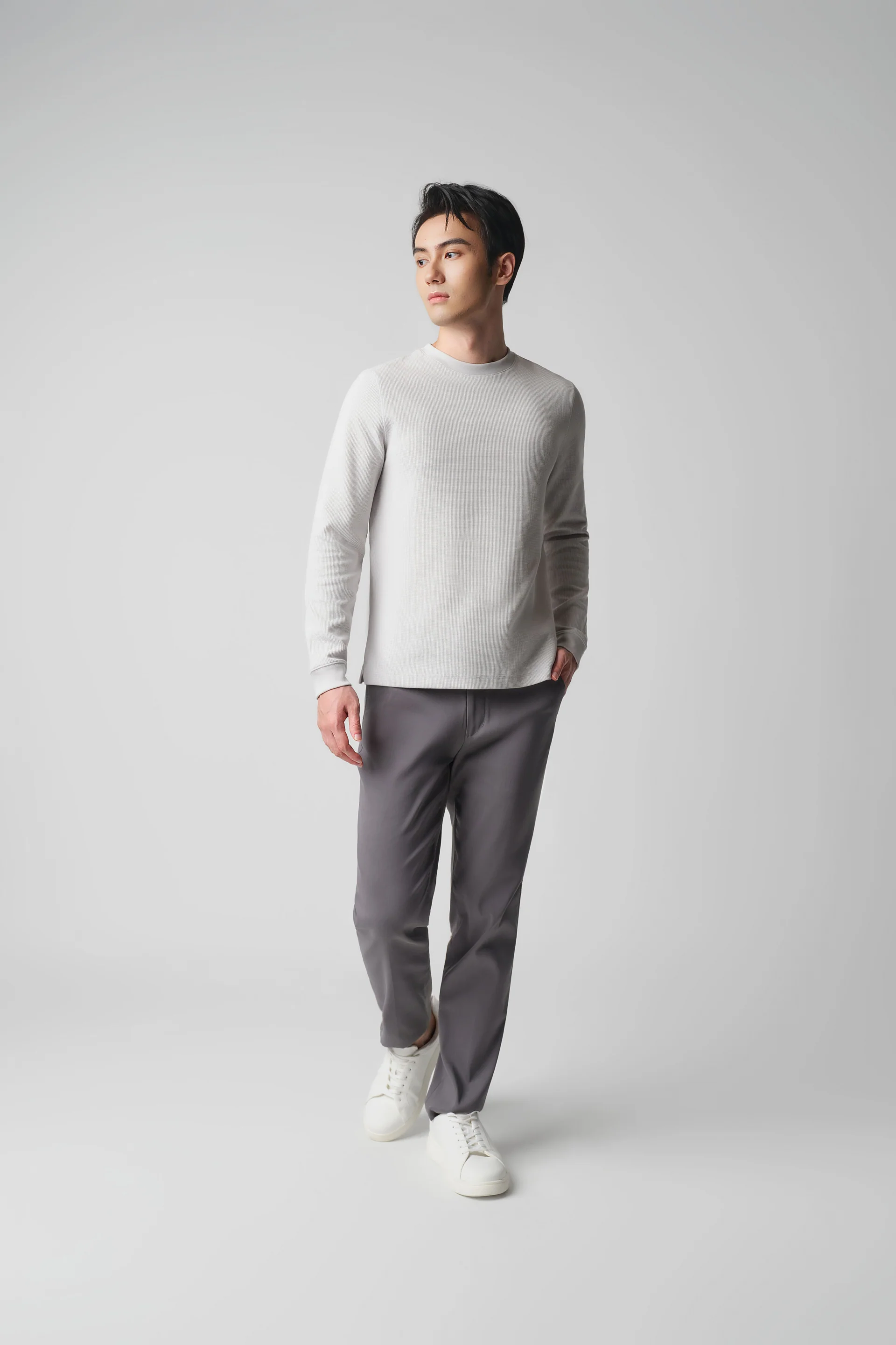 Waffle Crew Neck Long Sleeve T-Shirt | Light Grey GYFL01 - Image 6
