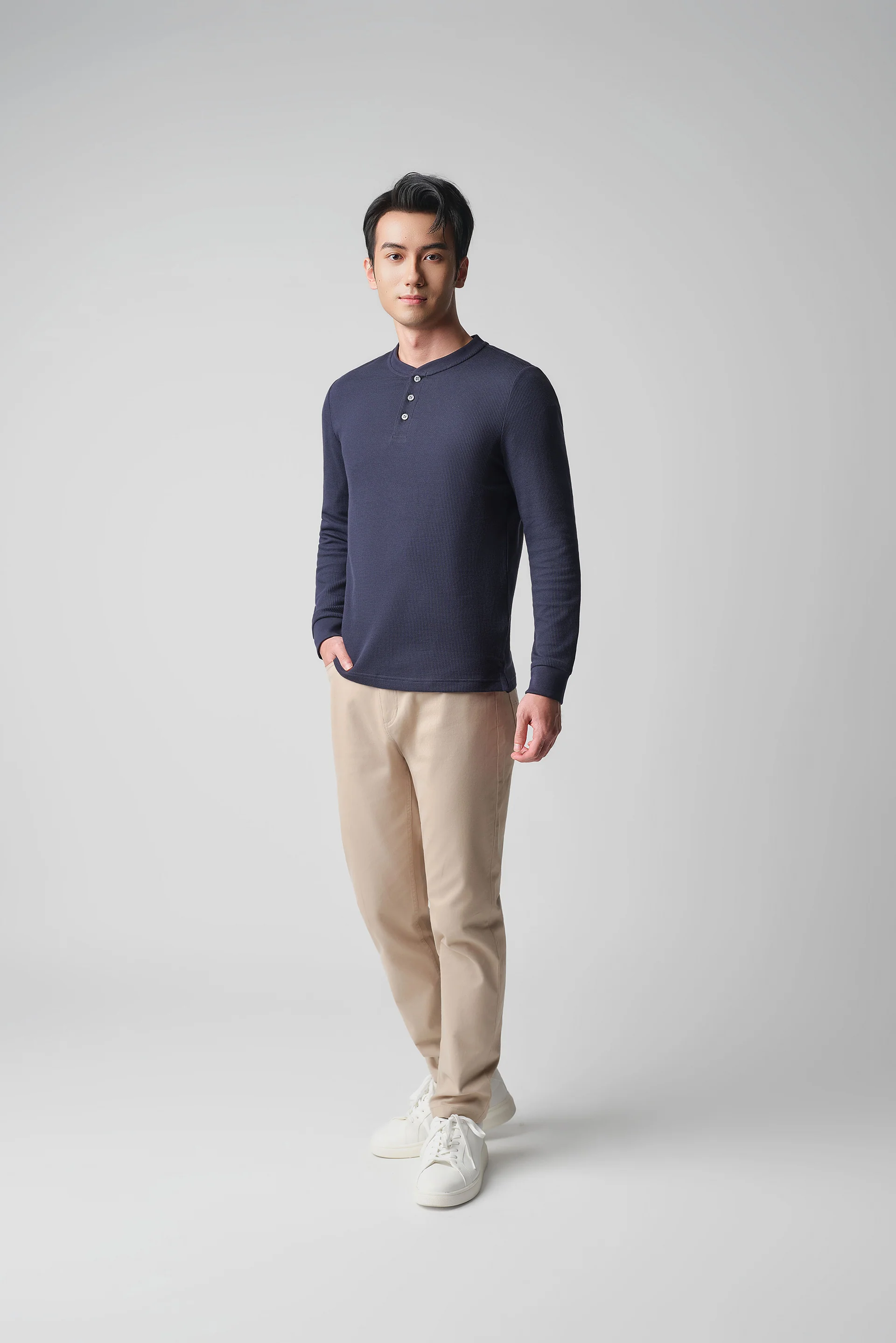 Waffle Henley Long Sleeve T-Shirt | Navy NNY096 - Image 6