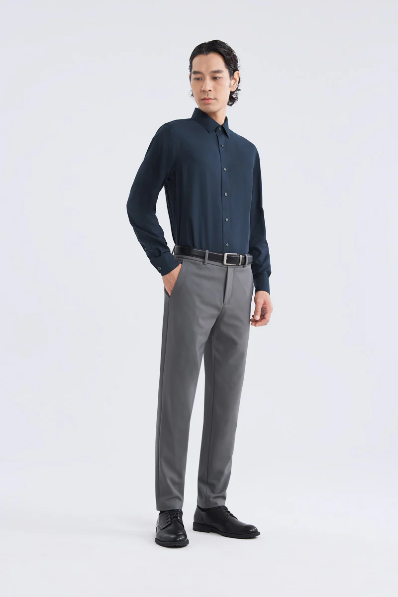 Wrinkle-Free Dobby Twill Dress Shirt | Navy Semi Plain 27587N - Image 3