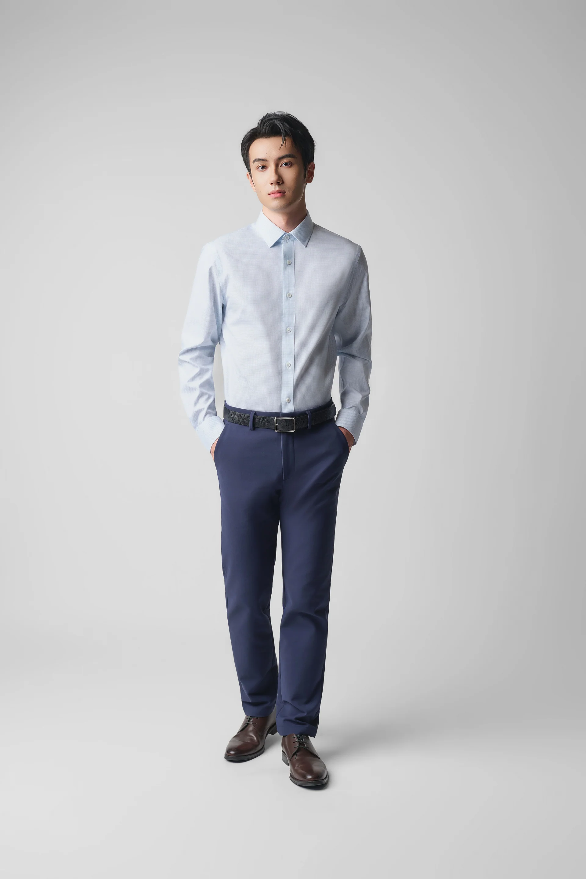 Wrinkle-Free Pinpoint Oxford Dress Shirt | Light Blue White Check 7340NZ - Image 6
