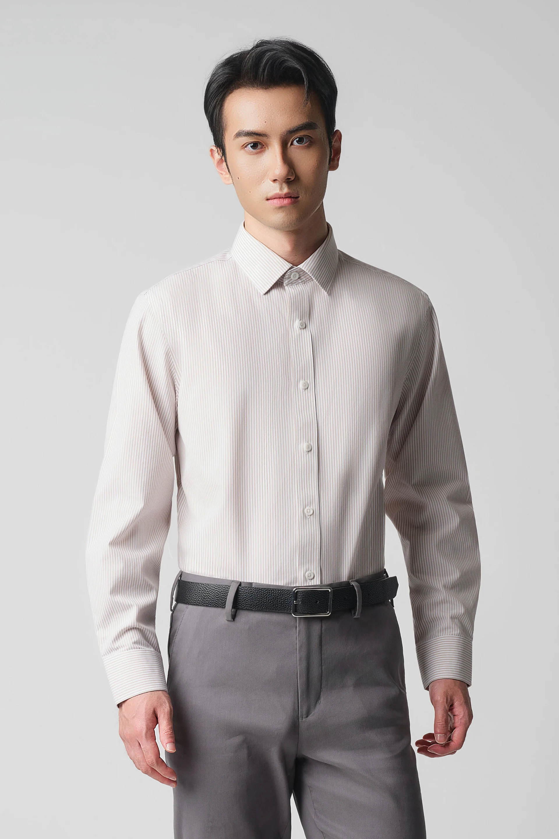 Wrinkle-Free Poplin Dress Shirt | Light Khaki Stripes 12957N