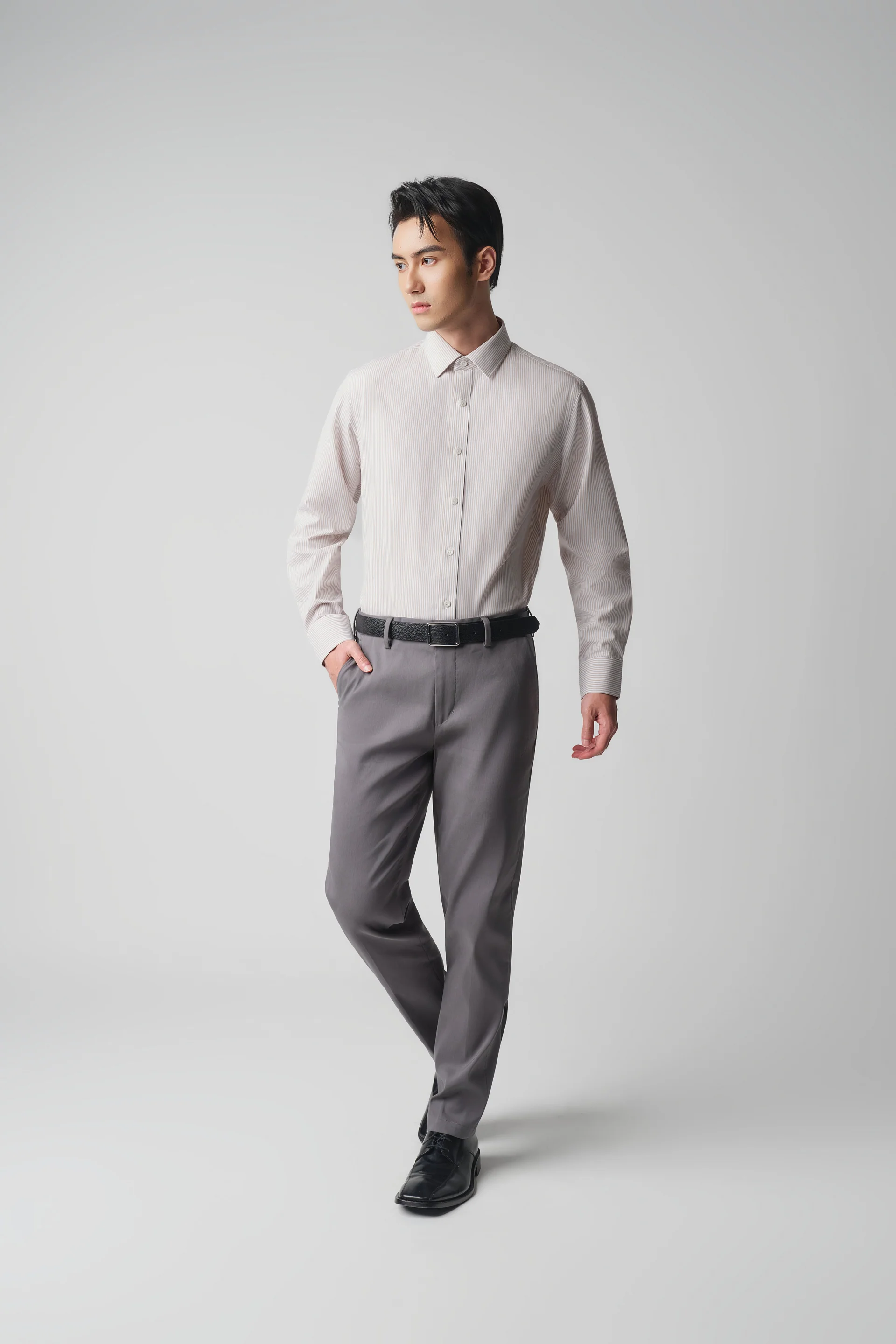Wrinkle-Free Poplin Dress Shirt | Light Khaki Stripes 12957N - Image 6