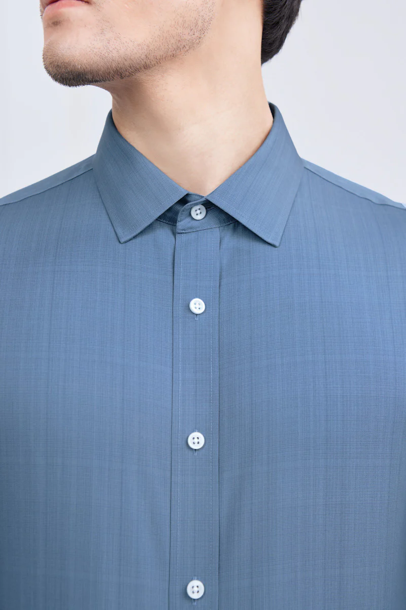 Wrinkle-Free Poplin Dress Shirt | Mid Blue Semi Plain 28514N - Image 2