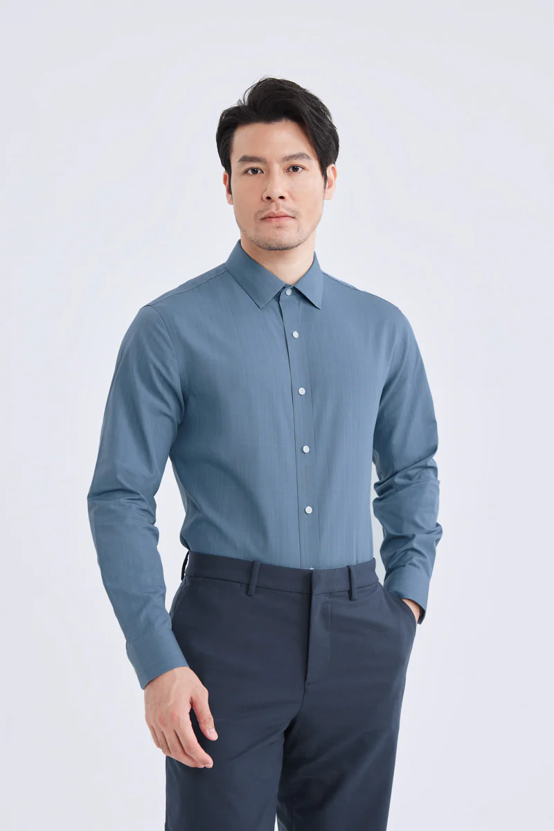 Wrinkle-Free Poplin Dress Shirt | Mid Blue Semi Plain 28514N - Image 3